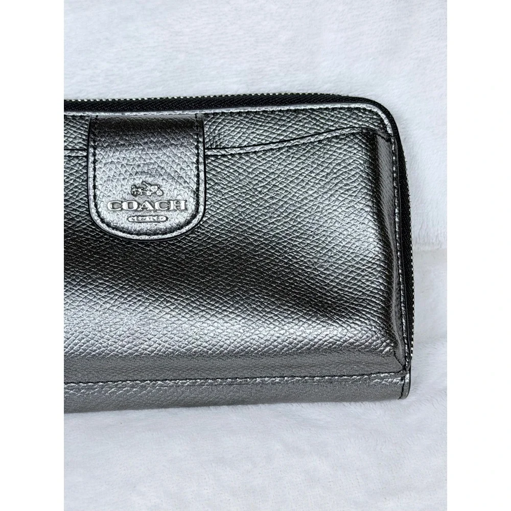 Coach Metallic Gunmetal Silver Pebbled Leather Zip Around Wristlet Wallet Clutch